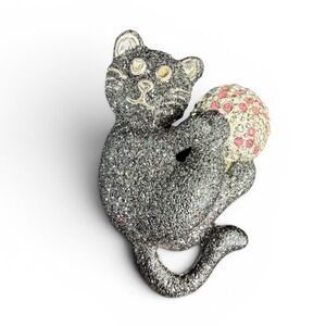 Vintage DaneCraft Black Cat‎ Brooch Pin Cat Playing w Ball Glittery Rhinestones
